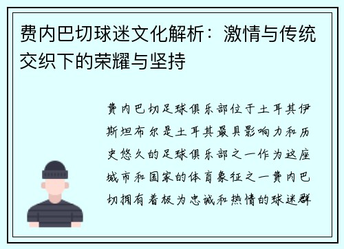 费内巴切球迷文化解析：激情与传统交织下的荣耀与坚持