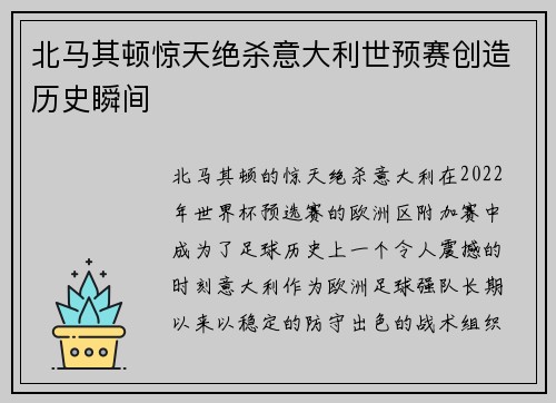 北马其顿惊天绝杀意大利世预赛创造历史瞬间